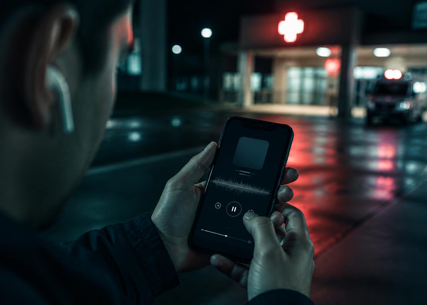 Profissional ouvindo o aplicativo Emergências em Áudio na entrada do hospital